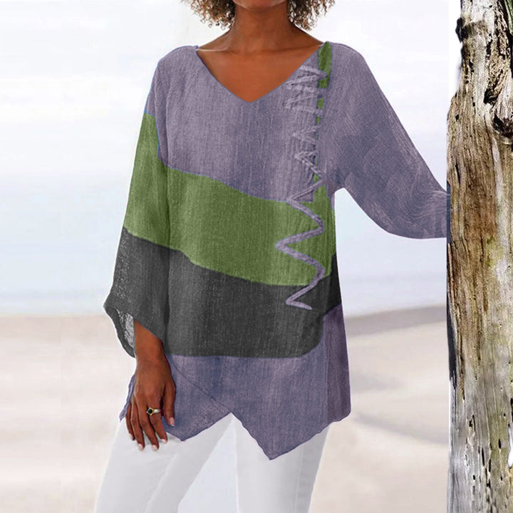 Frauen Casual A-Linien Leinenlook Tunika mit Farbblockstreifen und V-Ausschnitt – Avérine