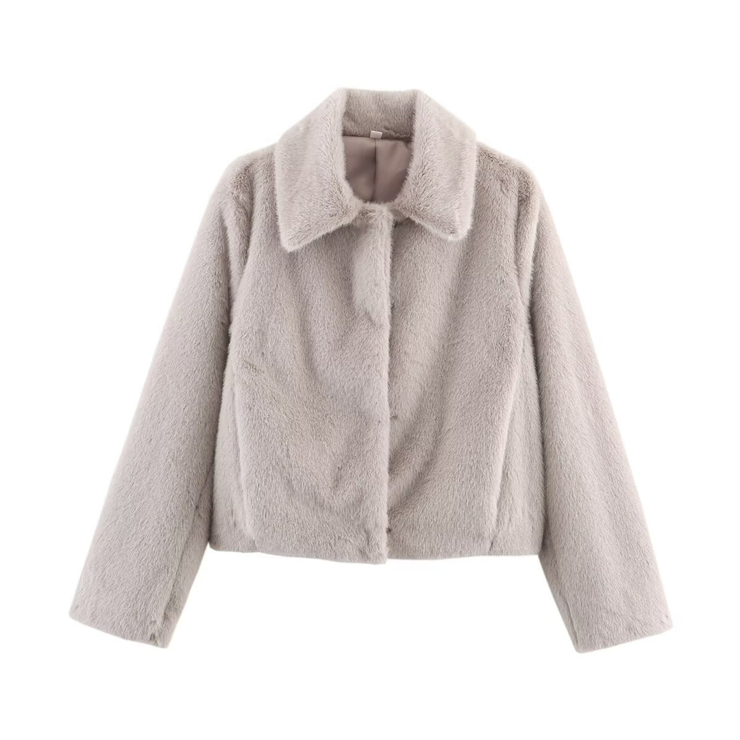 Damen nan kurz geschnittene vegane Webpelz-Jacke mit breitem Umlegekragen und verdeckter Druckknopfleiste Echo Archiv