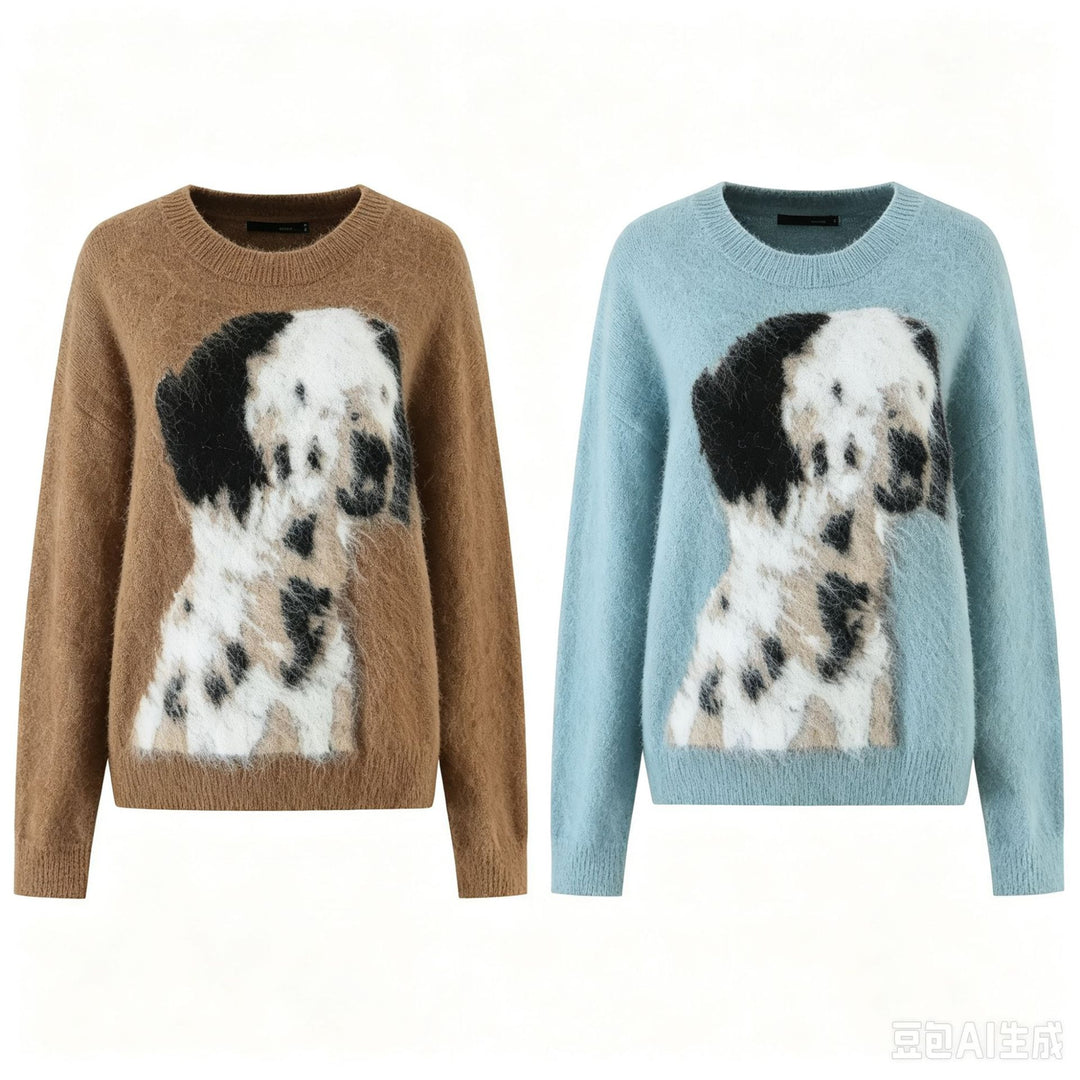 Damen Mohair-Mix Rundhalspullover mit abstraktem Hundemotiv Echo Archiv