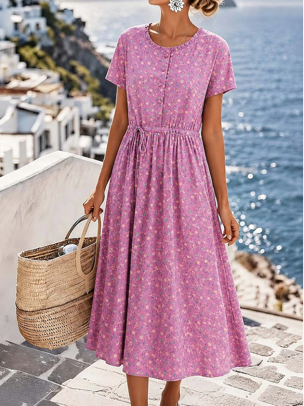 Damen Midikleid mit floralem Alloverprint, Tunnelzugtaillenband und Knopfleiste – Élara