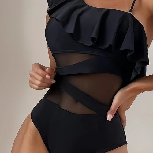Damen Einteiler Badeanzug mit asymmetrischem Rüschendesign und eleganten Cut-Out-Details Echo Archiv