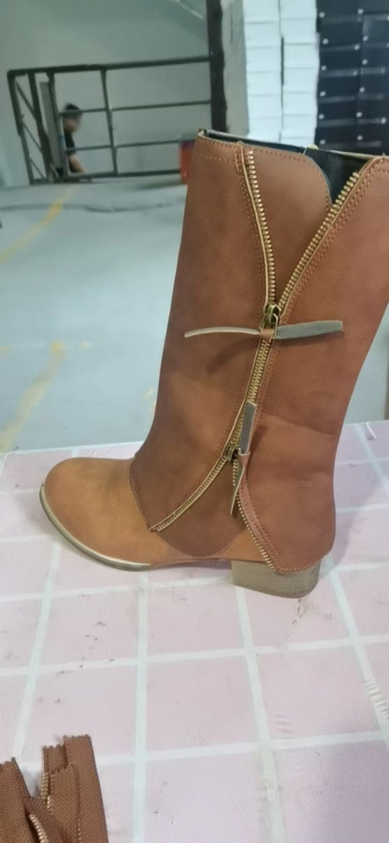 Damen Knöchel- bis wadenhohe Reißverschluss-Stiefel mit dekorativem Metallreißverschluss und niedrigem Blockabsatz Echo Archiv