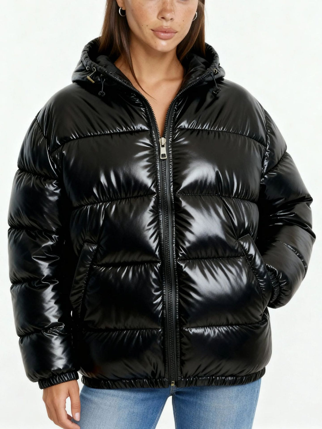 Damen Hochglanz Steppjacke mit Kapuze – Célinea
