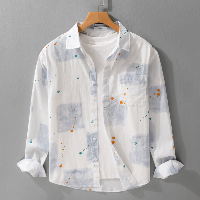 Herren Leichtes Baumwollhemd Relaxed‑Fit mit künstlerischem Sprenkel‑ und Aquarellpatch-Print Echoarchiv