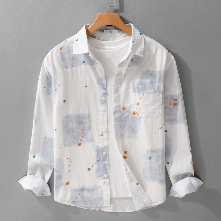 Herren Leichtes Baumwollhemd Relaxed‑Fit mit künstlerischem Sprenkel‑ und Aquarellpatch-Print Echoarchiv