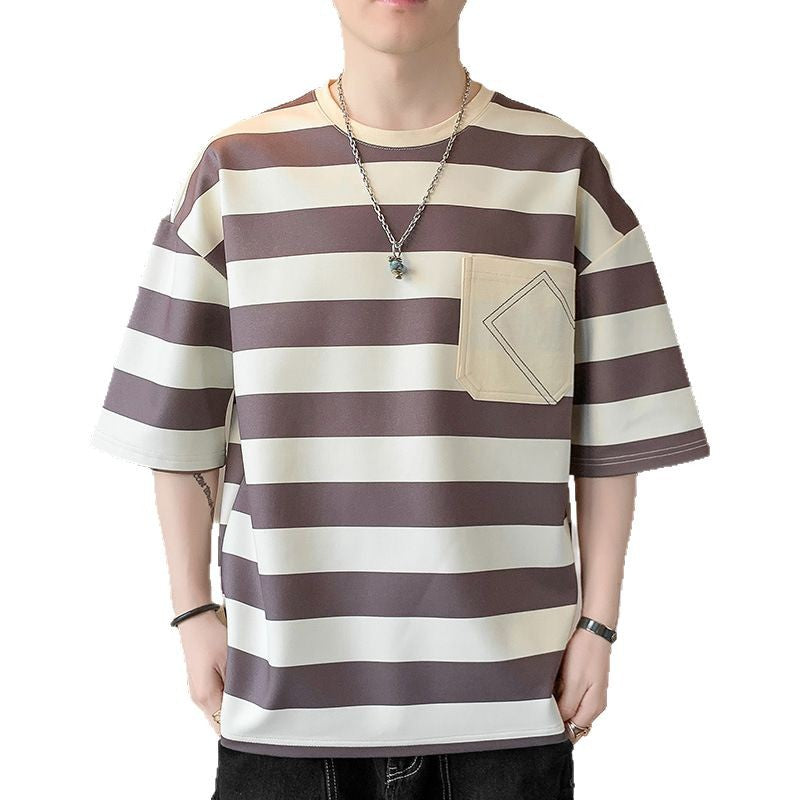 Herren lässiges gestreiftes T-Shirt mit aufgenähter Tasche Echoarchiv