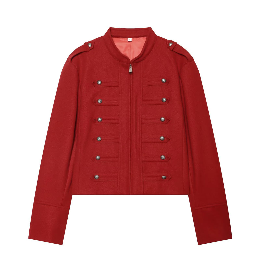 Damen Militärisch inspirierte kurze Wolljacke mit Stehkragen Echo Archiv