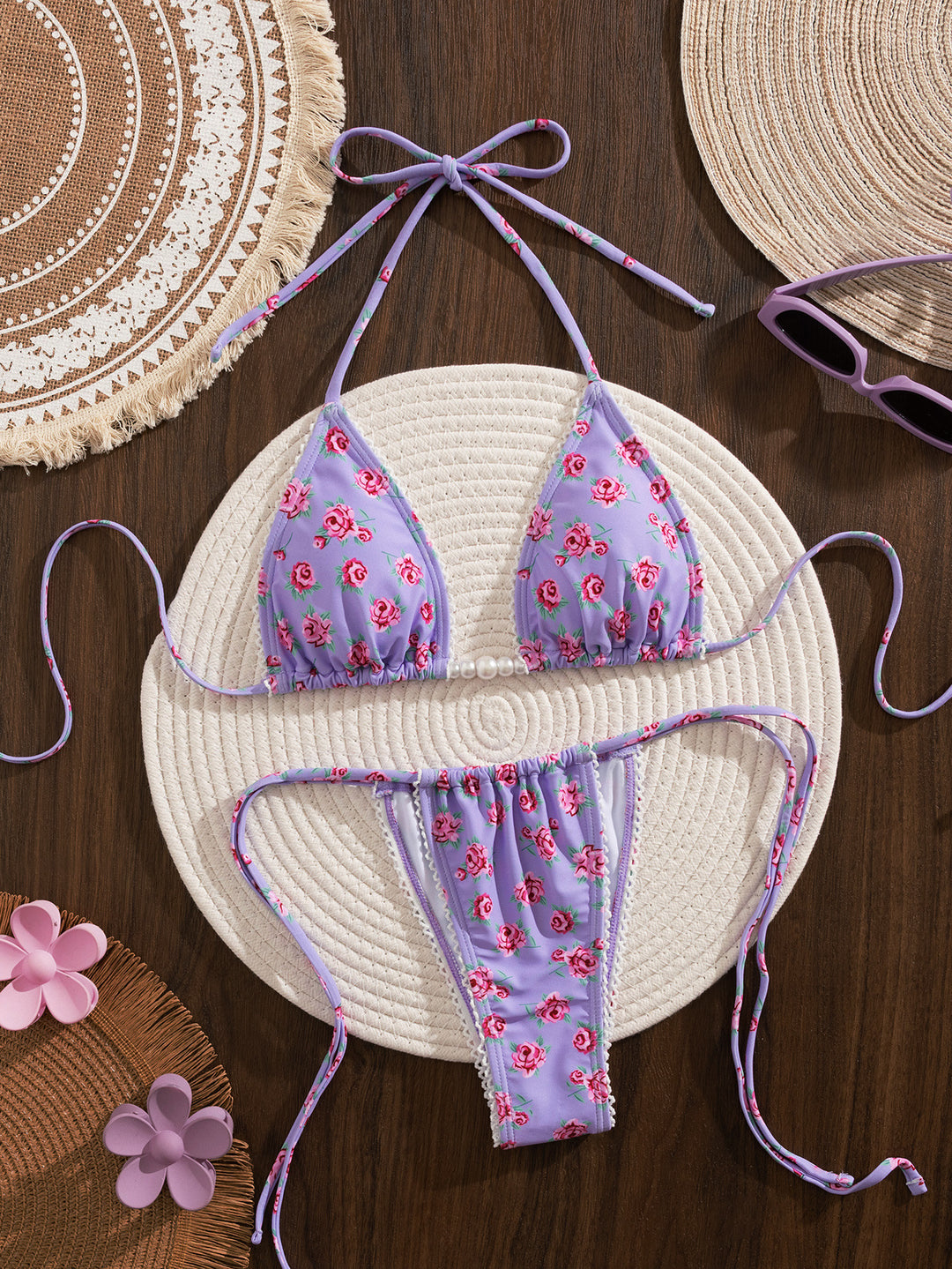 Damen Triangel-Bikini mit floralem Druck und verspielten Rüschen Echo Archiv