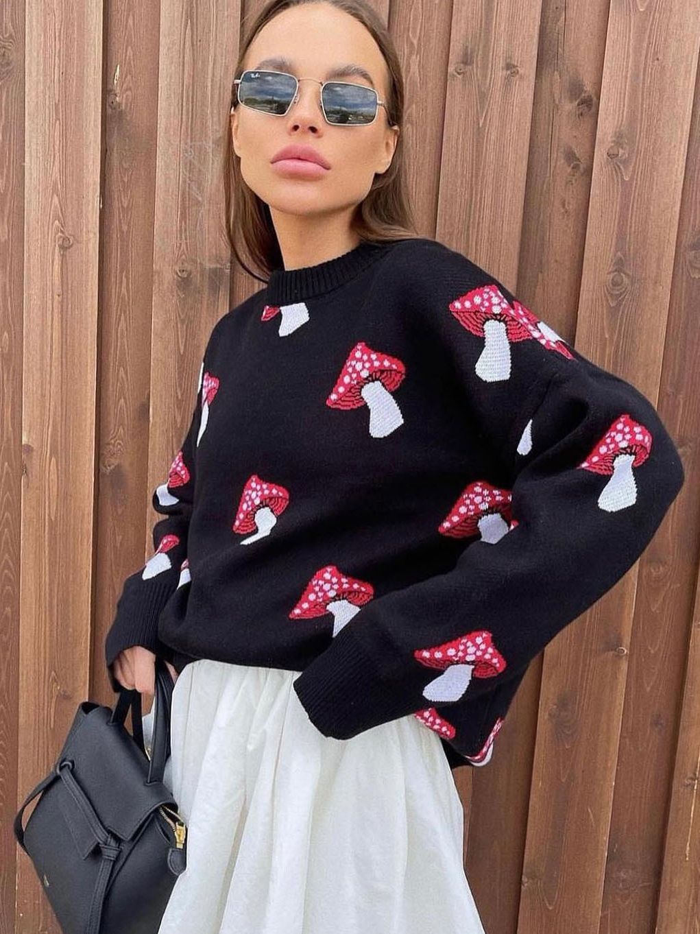Damen weiter Strickpullover mit Pilzmotiv Rundhals Rippbündchen – Mavelle