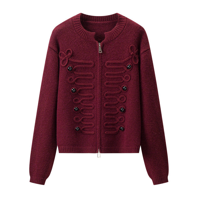 Damen Kurz geschnittene Strickjacke mit dekorativen Kordelapplikationen und Zwei-Wege‑Reißverschluss Echo Archiv