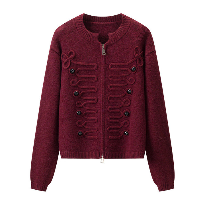 Damen Kurz geschnittene Strickjacke mit dekorativen Kordelapplikationen und Zwei-Wege‑Reißverschluss Echo Archiv