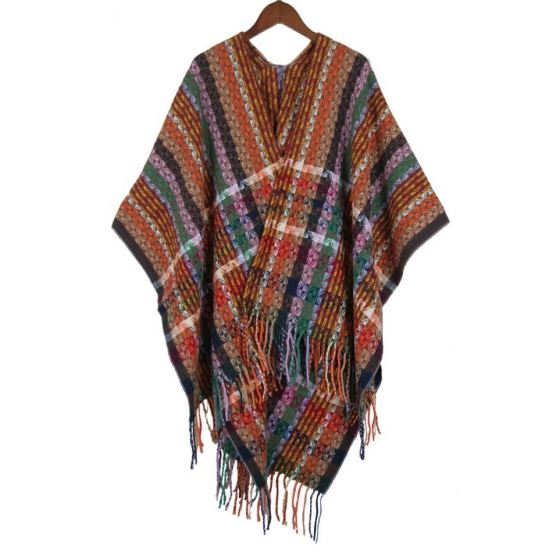 Damen Mehrfarbiger Web‑Poncho im Boho‑Patchwork‑Design mit Fransen Echo Archiv