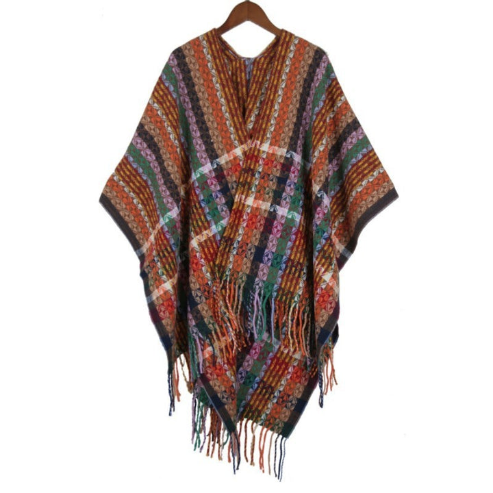 Damen Mehrfarbiger Web‑Poncho im Boho‑Patchwork‑Design mit Fransen Echo Archiv
