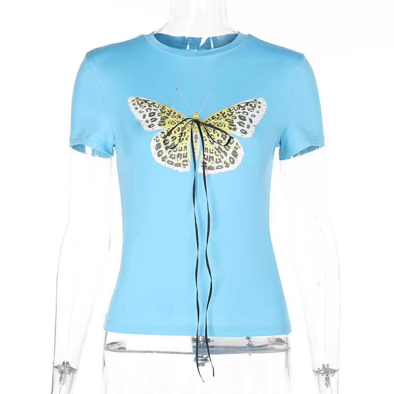 Damen Basic T-Shirt mit lebendigem Schmetterlingsdruck und verstellbarem Kordelzug Echo Archiv