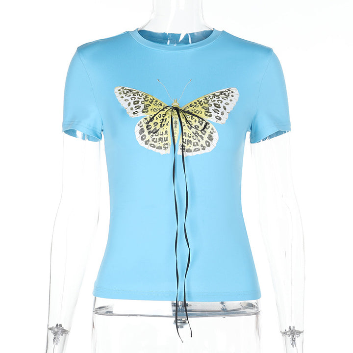 Damen Basic T-Shirt mit lebendigem Schmetterlingsdruck und verstellbarem Kordelzug Echo Archiv