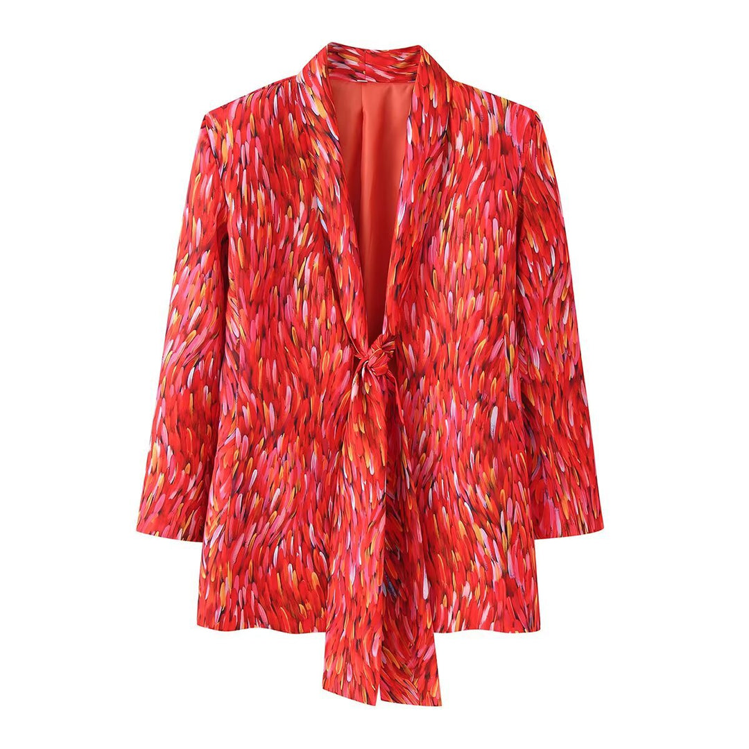 Damen Zweiteiliges Satin-Set mit lockerem Knotenblazer und ausgestellter Schlaghose Echo Archiv
