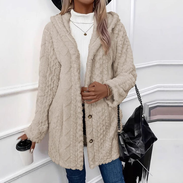 Damen nan kuschelige Teddy-Mantel mit Kapuze, Knopfleiste und Taschen Echo Archiv
