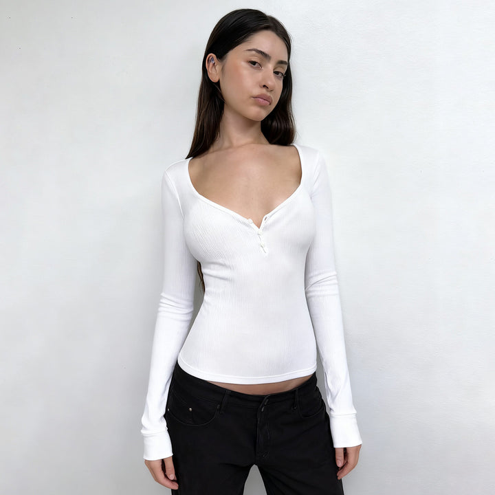 Damen nan figurbetontes geripptes Langarm-Henley-Top mit tiefem V-Ausschnitt und Knopfleiste Echo Archiv