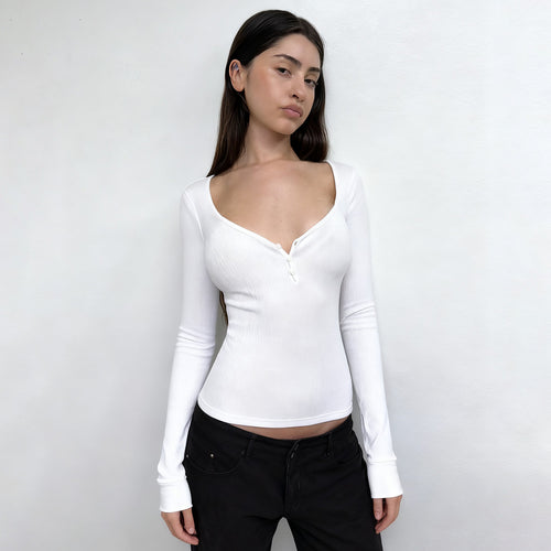 Damen nan figurbetontes geripptes Langarm-Henley-Top mit tiefem V-Ausschnitt und Knopfleiste Echo Archiv
