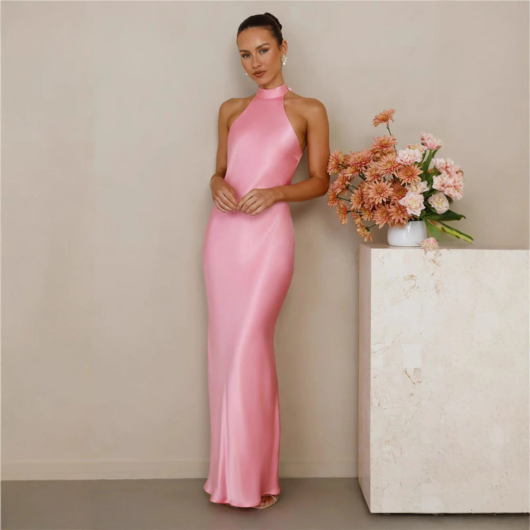 Damen Elegantes Satin-Maxikleid mit hohem Kragen und körpernahem Schnitt Echoarchiv