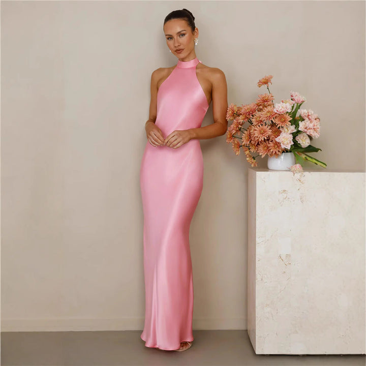Damen Elegantes Satin-Maxikleid mit hohem Kragen und körpernahem Schnitt Echoarchiv