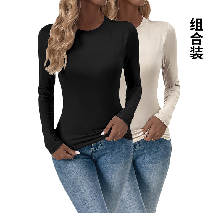 Damen Enganliegendes Langarmshirt mit Rundhalsausschnitt und Stretch-Basic Echoarchiv