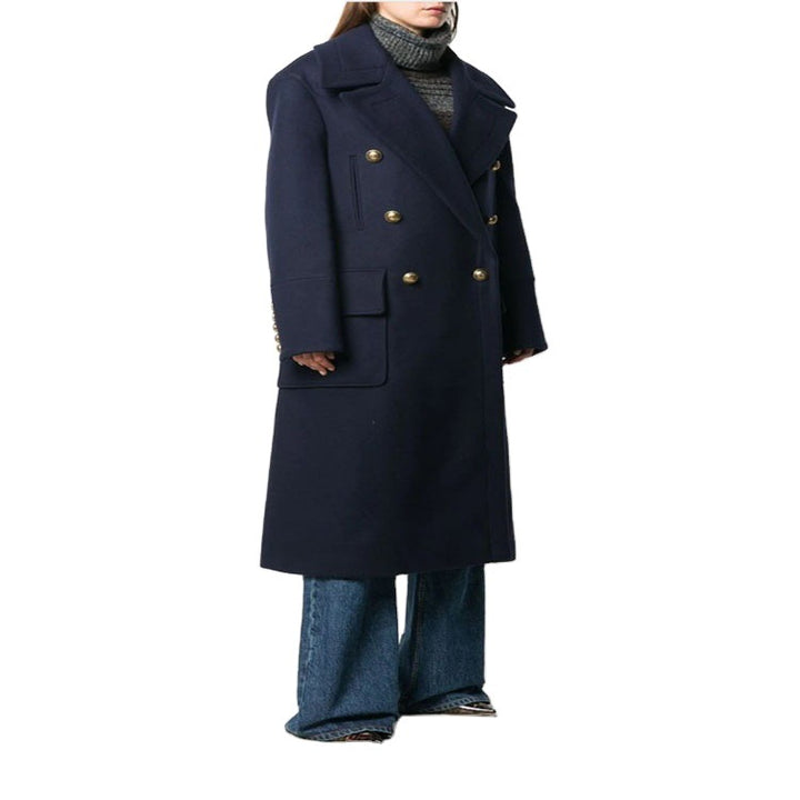 Damen Marineinspirierter Zweireiher-Longcoat aus Wollmix mit Oversize-Revers Echoarchiv