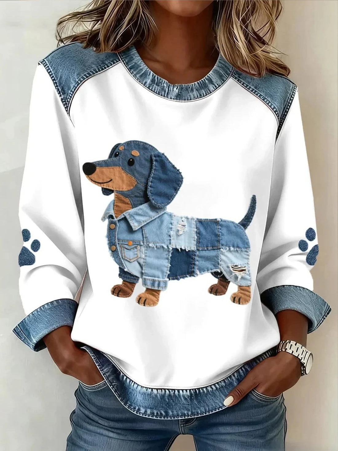 Damen Modischer Sweatshirt mit Karomuster und Denim-Details – Mavelle