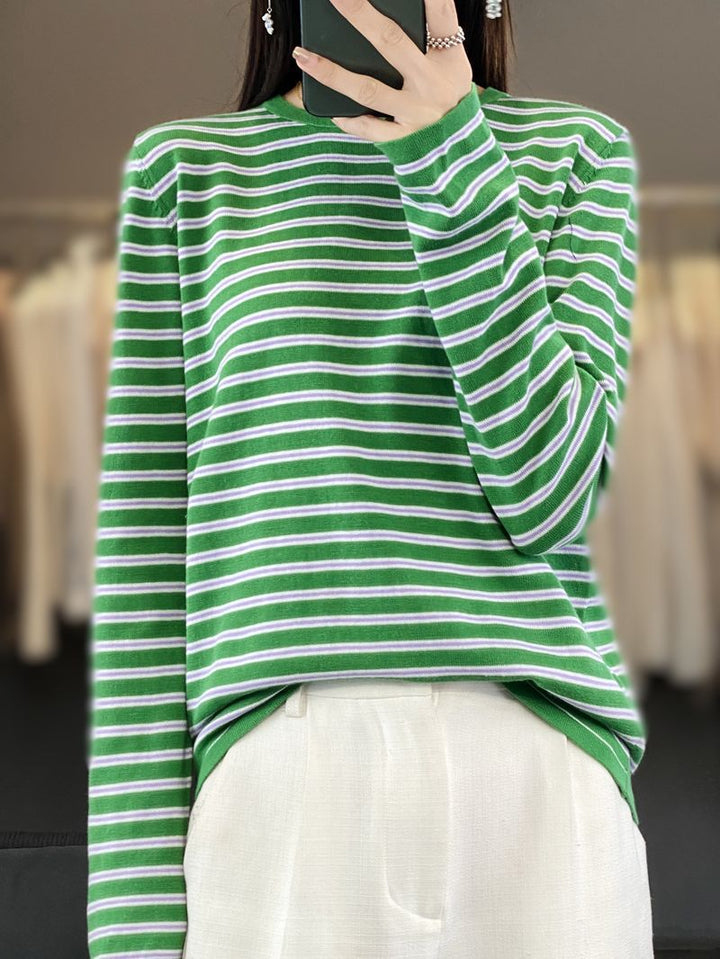 Damen Leichter Baumwollmix-Streifenpullover mit Rundhals, Raglanärmeln und lässiger Silhouette Echoarchiv