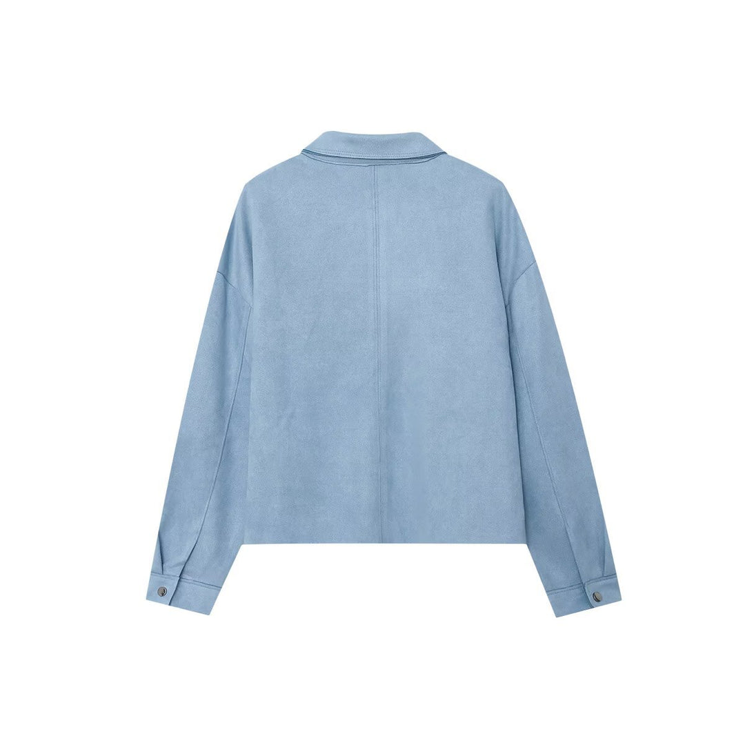 Damen kurz geschnittene Overshirt-Jacke aus strukturiertem Canvas mit aufgesetzten Brusttaschen – Célinea