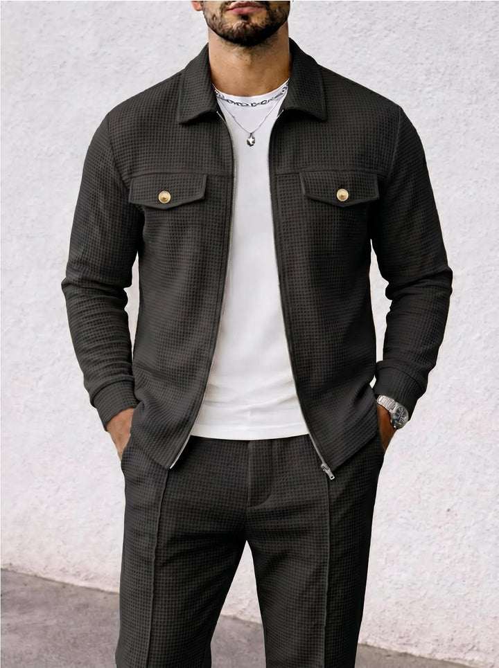 Herren strukturierte Overshirt-Jacke mit Waffelstruktur, Pattentaschen und verdecktem Reißverschluss – Taviero