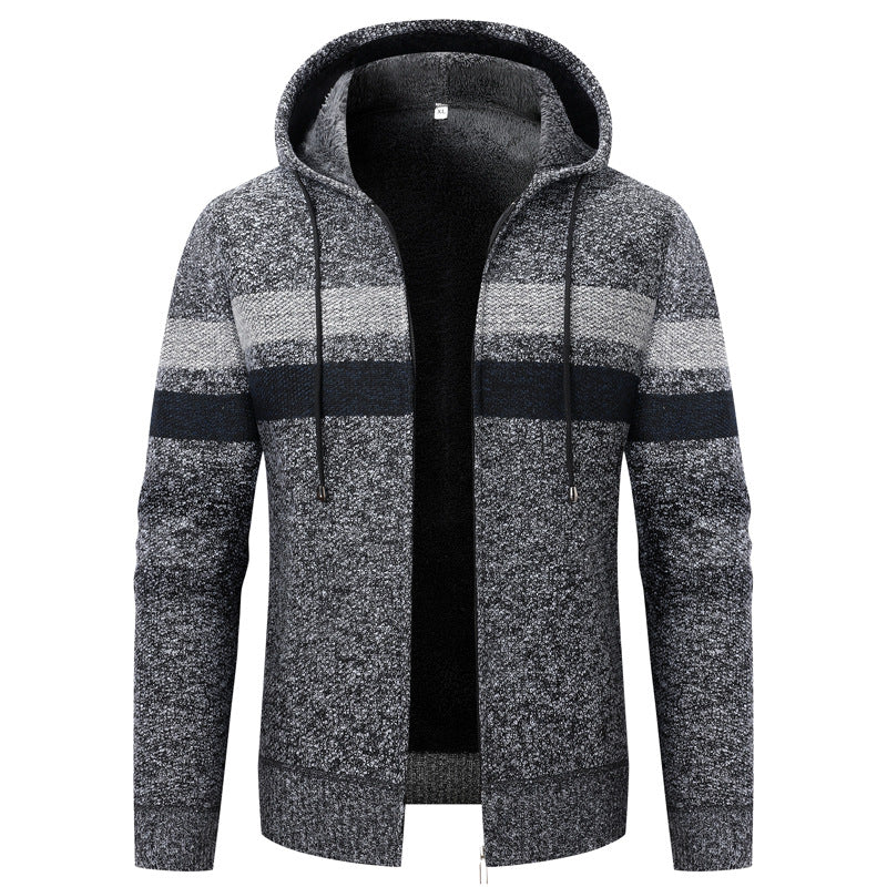Herren Kapuzen-Strickjacke mit Teddyfutter, Reißverschluss und Kontraststreifen Echo Archiv
