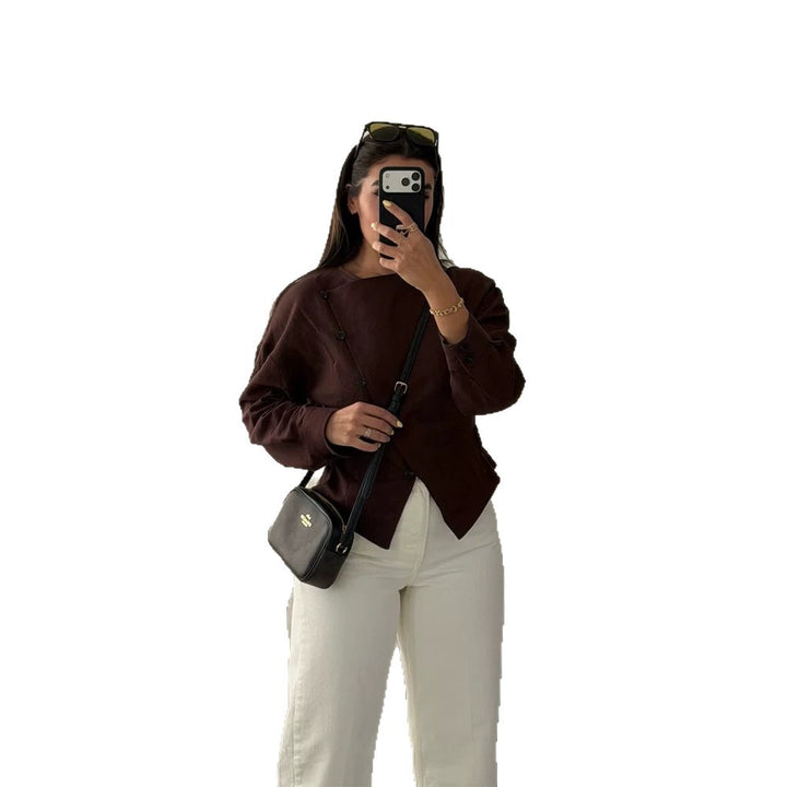Damen Asymmetrische taillierte Bluse mit diagonaler Knopfleiste Echoarchiv