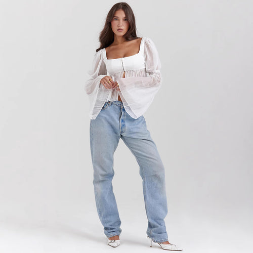 Damen Cropped Bluse mit Puffärmeln Echo Archiv