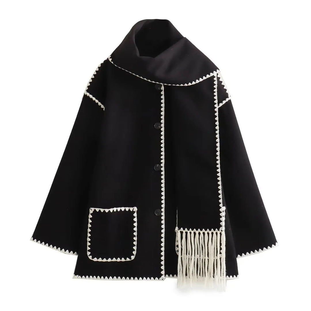 Damen Cape-Mantel mit angesetztem Fransen-Schal und Zier-Zickzacknaht Echo Archiv