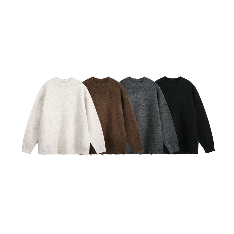 Unisex Oversize Grobstrickpullover mit Rundhalsausschnitt und ausgefranstem Saum Echoarchiv