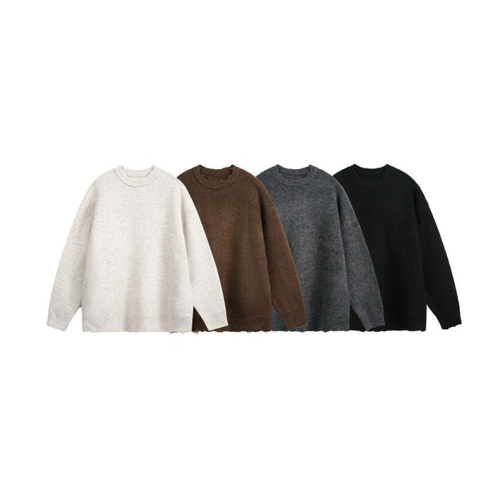 Unisex Oversize Grobstrickpullover mit Rundhalsausschnitt und ausgefranstem Saum Echoarchiv