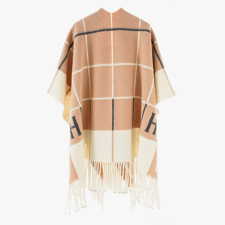 Damen Oversize-Überwurf aus Wollmix mit Monogramm-Karomuster und Fransensaum Echo Archiv