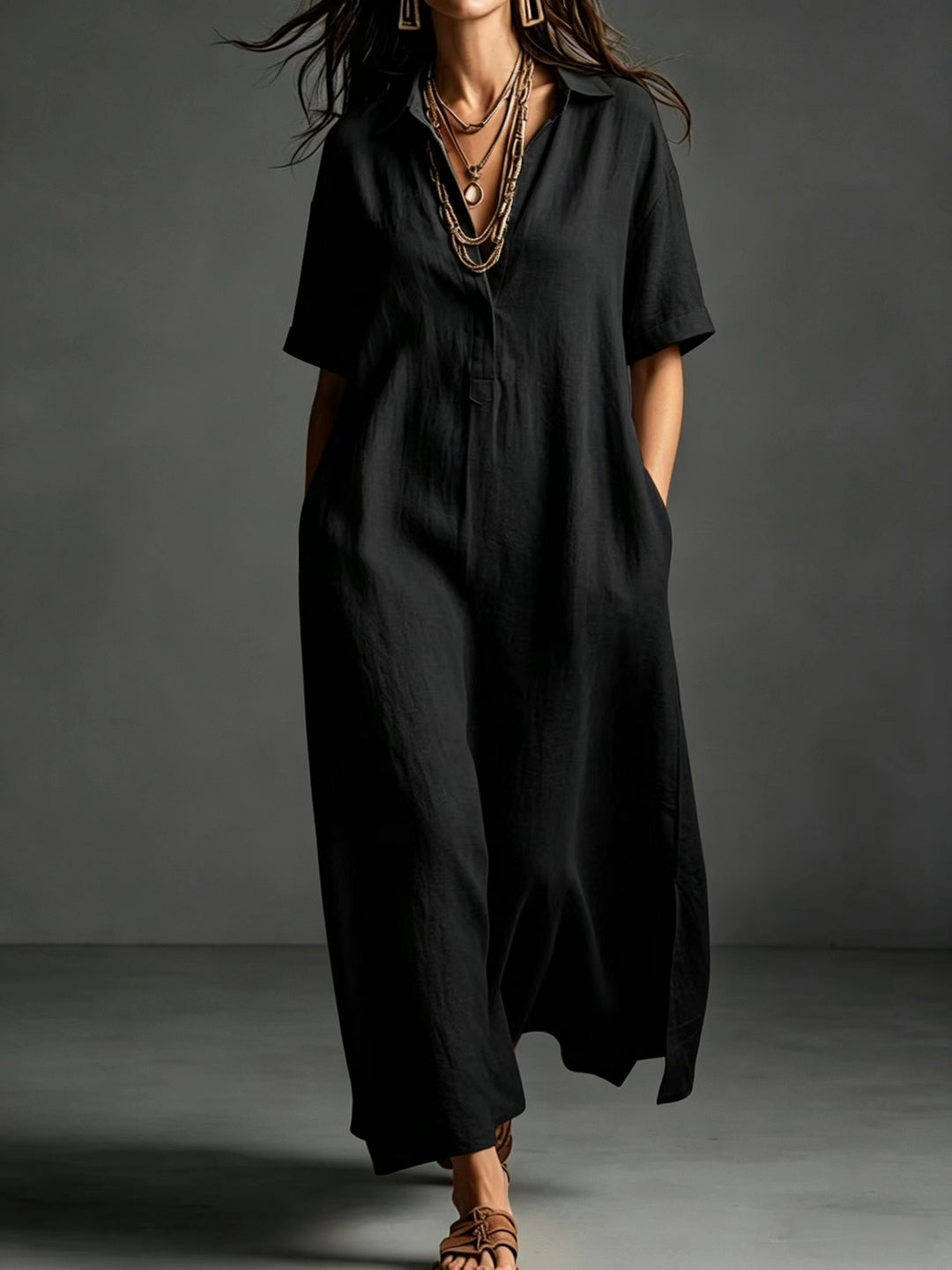 Damen Leinen Maxikleid mit V-Ausschnitt und praktischen Taschen Echo Archiv