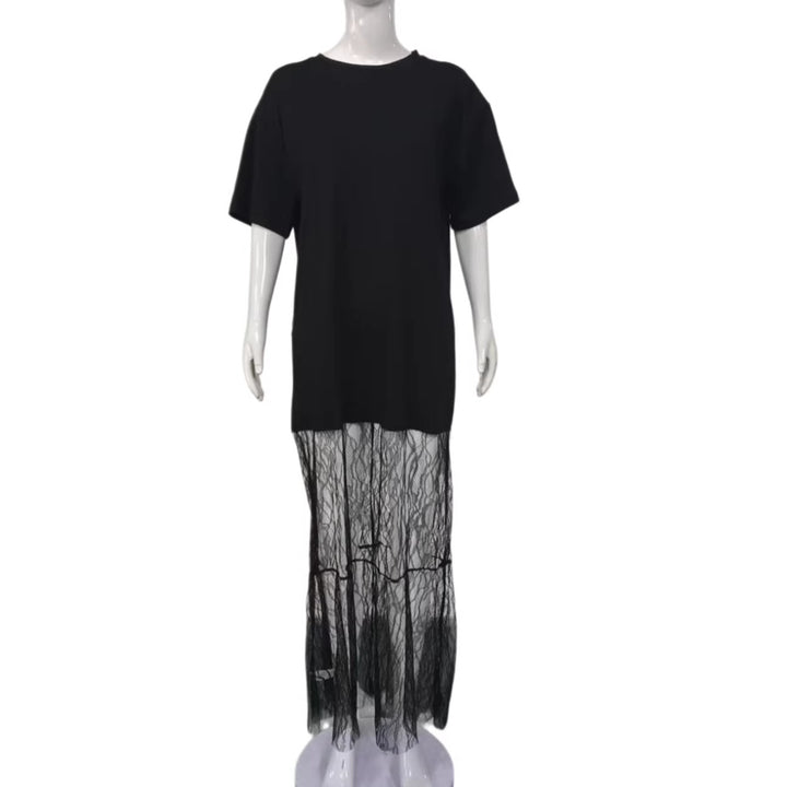 Damen Langes Lagenkleid mit Oversize-T-Shirt-Top und transparentem Spitzenunterrock – Valéora
