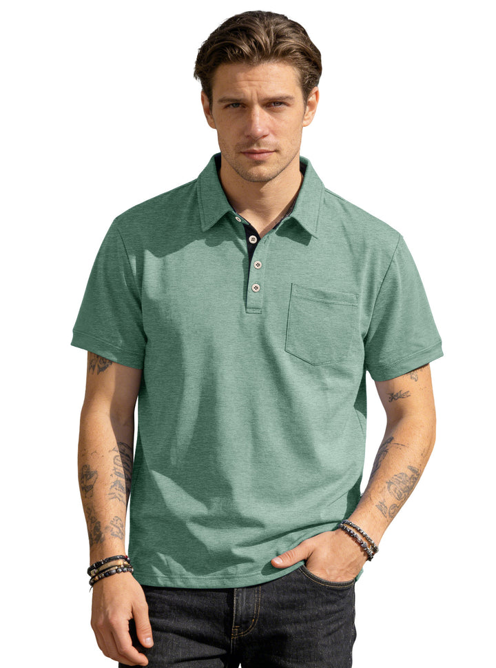 Herren nan Kurzarm-Polokragen-Shirt aus texturiertem Jersey mit Brusttasche und kontrastierter Knopfleiste Echo Archiv