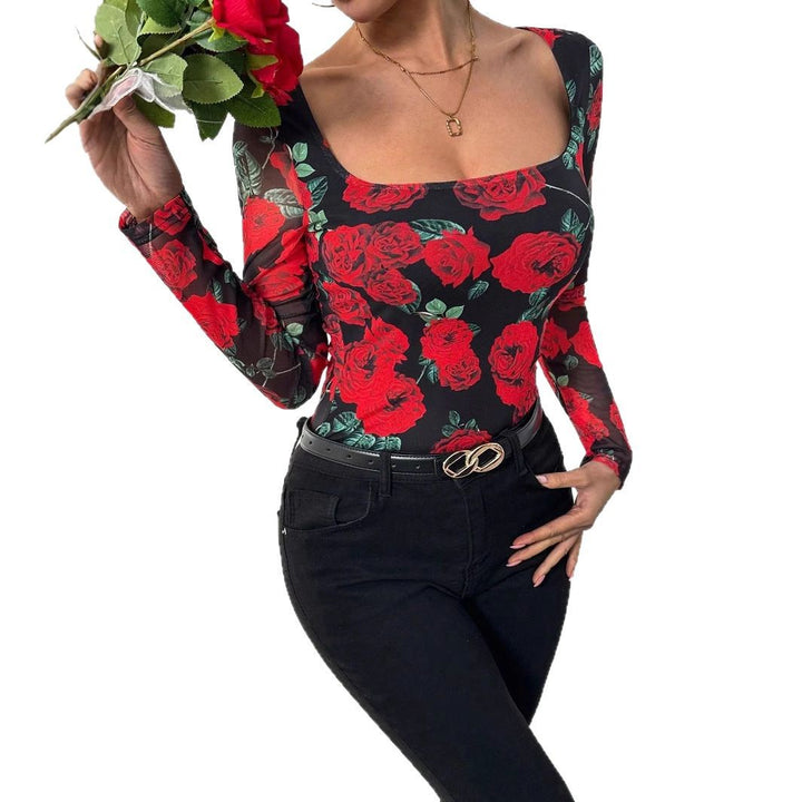Damen nan figurnahes Stretchshirt mit quadratischem Ausschnitt, feiner Meshstruktur und großflächigem Rosenprint Echo Archiv