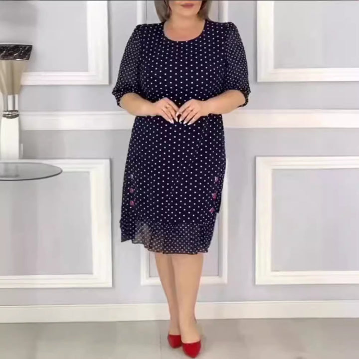 Damen nan Chiffon-Midikleid mit Pünktchenmuster, halblangen Puffärmeln, seitlicher Blumenstickerei und gerafftem Volantsaum Echo Archiv
