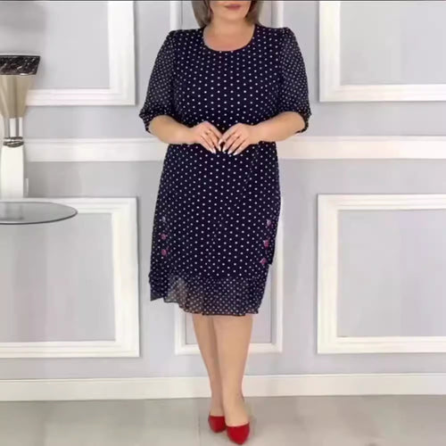 Damen nan Chiffon-Midikleid mit Pünktchenmuster, halblangen Puffärmeln, seitlicher Blumenstickerei und gerafftem Volantsaum Echo Archiv