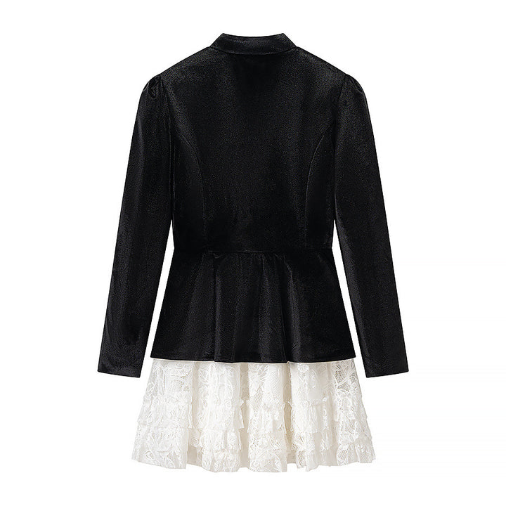 Damen Samt-Minikleid mit Schleifenkragen, Zierknopfleiste und mehrlagigem Spitzenrock Echo Archiv