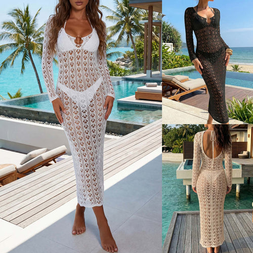 Damen gehäkelter Strandüberwurf mit tiefem V-Ausschnitt und eleganten Ärmeln Echo Archiv