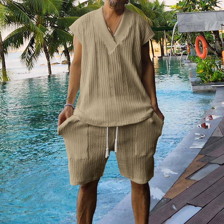 Herren lässiges Kurzarm-Oberteil und Shorts-Set im strukturierten Design Echoarchiv