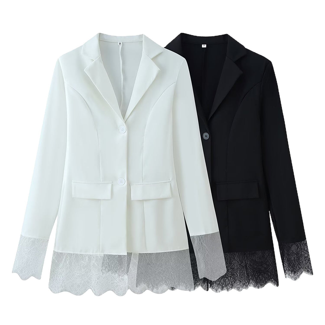 Damen Taillierter Einreihiger Blazer mit Spitzensaum und Spitzenmanschetten Echo Archiv