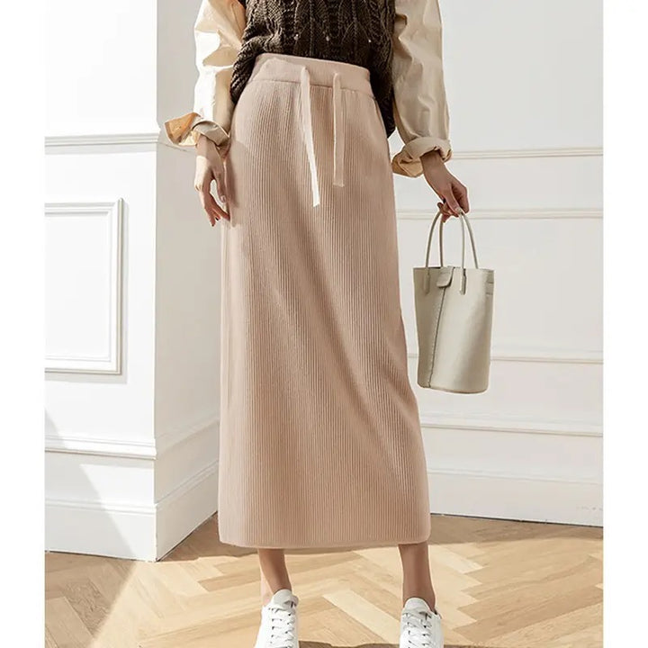 Damen Eleganter Rippstrick-Midirock mit Bindegürtel Echo Archiv