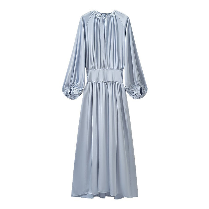 Damen Fließendes Maxikleid mit Ballonärmeln, geraffter Taille und Rundhalsausschnitt Echoarchiv